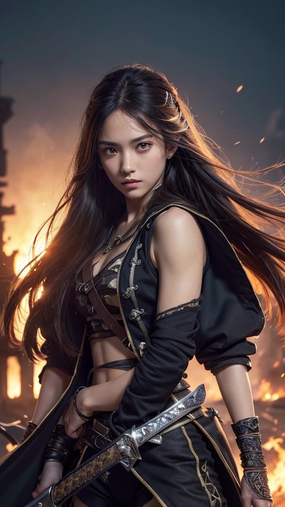 (Ultra quality:1.2), (Ultra detailed:1.2), (Ultra detailed clothes:1.2), (Ultra detailed face:1.2), (Ultra detailed eyes:1.2), (Ultra detailed body:1.2), (Ultra detailed weapons:1.2), young pirate girls, torn clothes, different hair colors, sword fights, battlefield in the background, fire in the background, night, full image