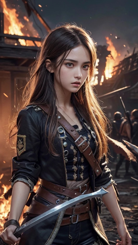 (Ultra quality:1.2), (Ultra detailed:1.2), (Ultra detailed clothes:1.2), (Ultra detailed face:1.2), (Ultra detailed eyes:1.2), (Ultra detailed body:1.2), (Ultra detailed weapons:1.2), young pirate girls, torn clothes, different hair colors, sword fights, battlefield in the background, fire in the background, night, full image