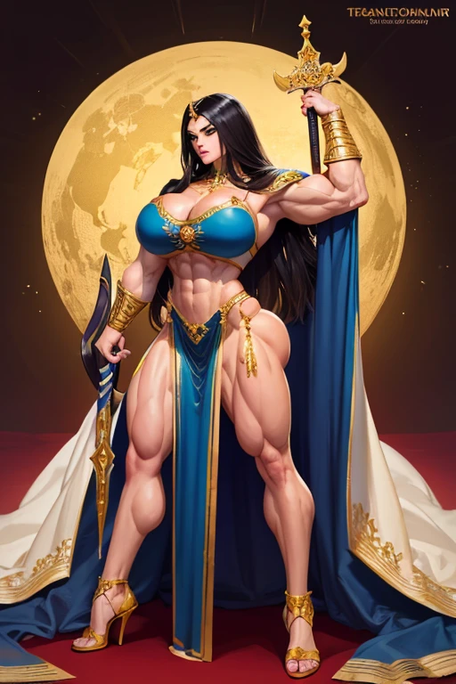 fullbody view, muscular beautiful persian woman, long dark hair, woman in medieval setting, wearing ornate cloth, warrior woman with a scimitar, perfect and flawless musculature, bulky and powerful bodybuilder physique