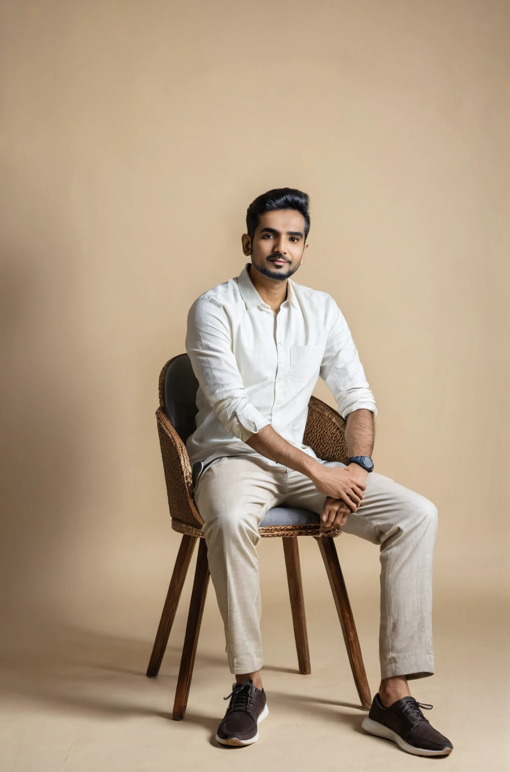 there is a man sitting in a chair with his hands crossed, full body photogenic shot, inspired by Bikash Bhattacharjee, khyzyl saleem, with a cool pose, full body photograph, inspired by Saurabh Jethani, mohamed chahin style, profile image, profile pic, full body portrait shot, kyza saleem, mohamed chahin