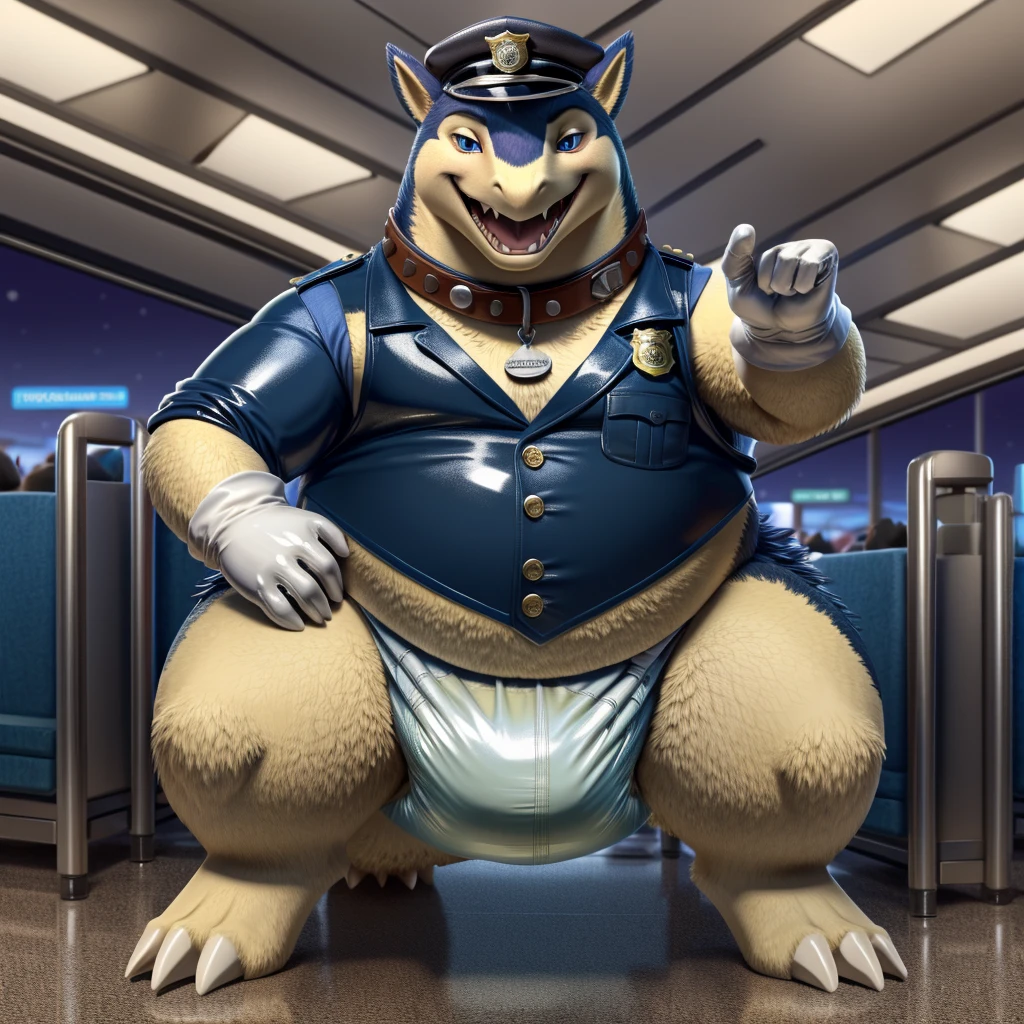 Male, fat, extremely obese, gentleman, dapper Typhlosion laying on the ground with legs spread apart, getting his diaper changed by another Typhlosion, blue eyes, (soft shading), 4k, hi res, ((detailed face, detailed)), looking at viewer, evil grin, Airport, TSA, TSA Uniform, collared shirt with buttons, hat, male focus, Police Uniform, glasses, monocle, vest with buttons, sleeves rolled up, round eyewear, headwear, vest, Typhlosion is wearing a glossy leather dog collar around the neck, Typhlosion is wearing the leather collar and shirt and vest at the same time, Typhlosion is wearing glossy white rubber gloves on the hands, wearing white rubber gloves on the feet, gloves are rubber in texture, mouth wide open, evil laugh, clenching fists, leather collar is glossy and shiny with a lot of detail, Typhlosion is wearing gloves and leather collar at the same time, leather collar has a round dog-tag, leather collar is thick and detailed, white rubber gloves on the feet, Typhlosion is wearing gloves and leather collar at the same time, leather collar has a round dog-tag, leather collar is thick and detailed, leather collar is glossy and shiny, fancy clothing, dapper vest, dapper shirt, leather collar is thick, glossy leather collar, Typhlosion is wearing a dirty diaper, Fat Typhlosion is getting his diaper changed by a second Typhlosion, second Typhlosion is wearing gloves, second Typhlosion is wearing a leather collar, crotch is exposed.