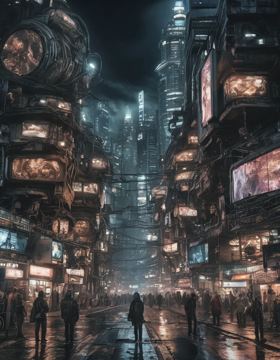 Surreal Art RAW Analogue Photos of Humanoid Neuroorganisms, View your viewers, Big smile, Cyberpunk city at night in the background (Sharp focus, Super detailed, Very complicated, Physically Based Unbiased Rendering), 