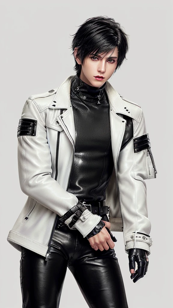 Final fantasy taste and reality graphics, ((Japanese young cute and cool ikemen  boy)), his age is early 20s, thin eyebrows and beady eyes,  ((he wearing off white color leather  thick and heavy material jacket)), ((jacket is singlebrest)), ((biker style jacket)), ((jacket is large size)),((with epaulet)), ((jacket is long sleeve)), ((zipped front of the leather jacket)), , ((voluminous leather jacket)), ,((must jacket is high length and stand-up collar)) ((jacket collar with two belts)), ((jacket is a little black color line pattern)), ((also wearing black thick material turtleneck lackluster shirts)),  ((tight black leather pants)),  ((put black leather tight and thin glove on both hands)), ((black leather knee-high raceup boots)),((must views  head-to-toe)),((must views whole body)), ,((Do not show skin from the neck down)),leather jacket leather glove and leather pants have few wrinkles, Avoid showing your innerwear,zip up jacket fastner.must put on a leather glove.
Boy is black hair.boy looks like fashion model.
