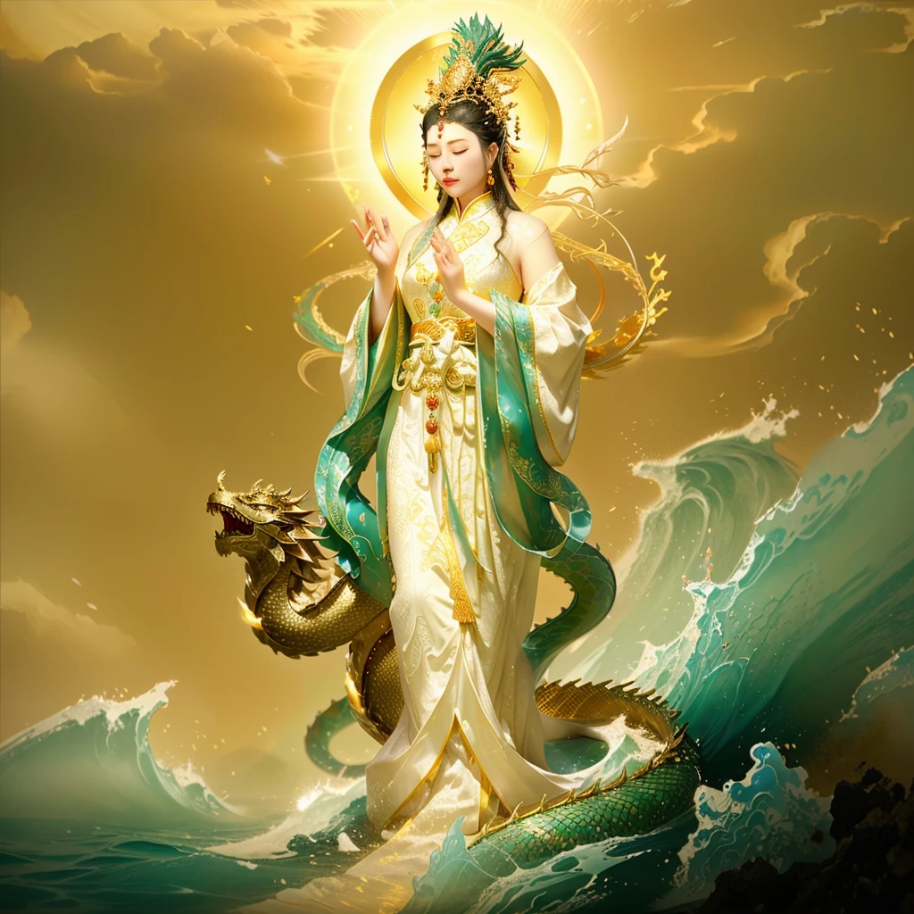 mercy buddha, surrounded by a dragon, sea wave, goddess, Chinese mythology, chinese female taoist priest, luxurious headdress