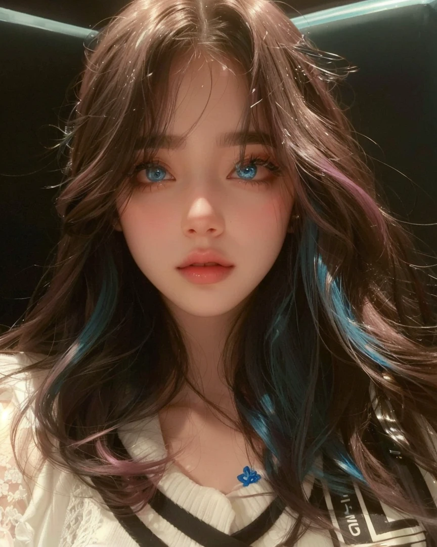Her eyes are blue, her hair is blue, and her lips are pink