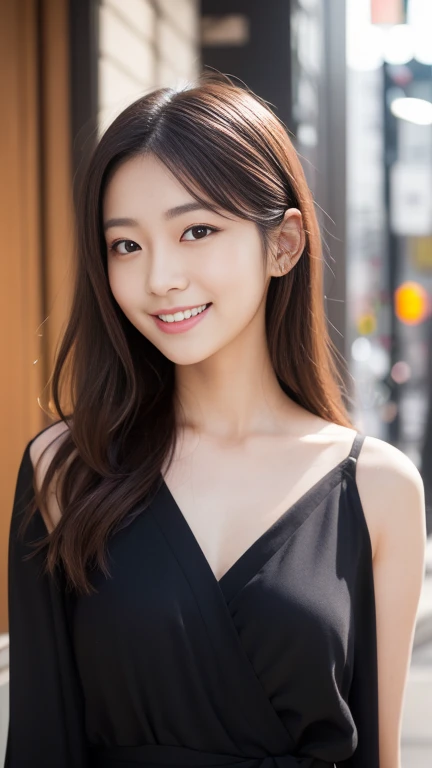 Beautiful Japanese woman, Soft skin and perfect face, A small face,A nose and rosy lips, beautiful eyes, Beautiful Smile. Black, It's bright all around, Ethereal Light、Thin, long, Beautiful hair. Loose, Medium Hair,With gradient highlights and gray levels, Navy Stand Collar Shirt x Houndstooth Flared Skirt, Bright neon colored background, Surreal female photos, High-quality, high-resolution 8K masterpiece,Large Breasts,cleveage,Viewer