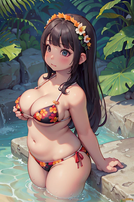 High resolution, ((best quality)), ((masterpiece)), perfect face, (full body shot), girl, beautiful symmetrical eyes, cute, big breasts, cleavage, large floral bikini, sunshine, midsummer, fur, animal hair, (smooth skin), small pool, chubby, looking at camera, black hair, long hair, ((straight bangs to the side)), round face, slightly small eyes、furry