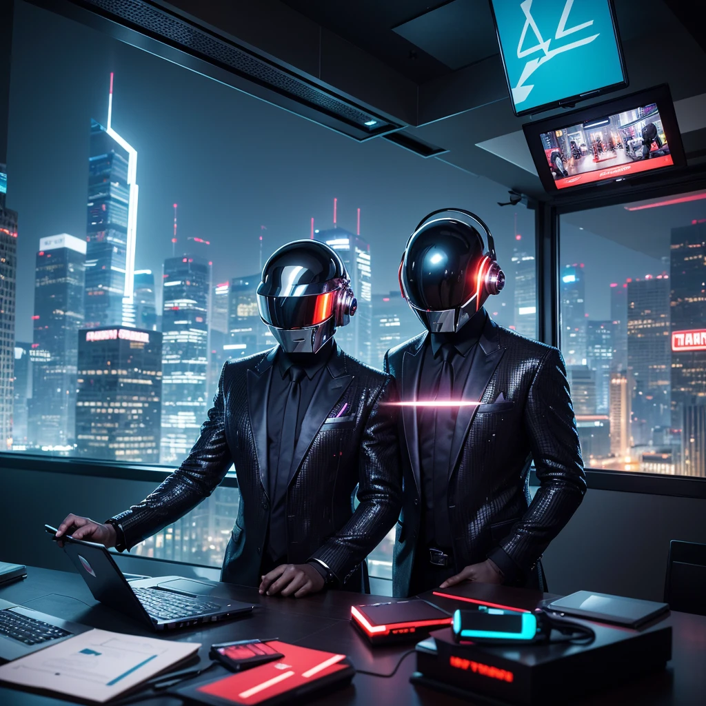 realistic,detailed,hyper detailed,photorealistic,8k,highly detailed,intricate,sharp focus,ultra-detailed,masterpiece,cinematic lighting,dramatic lighting,volumetric lighting,chiaroscuro lighting,beautiful lighting,warm lighting,soft lighting,dramatic atmosphere,cinematic atmosphere,detailed environment,detailed background,panoramic view,rooftop scene,cityscape,futuristic city,daft punk-esque,two businessmen using smartphones,one using laptop,high angle view,dynamic composition,vibrant colors,neon colors,cool color palette, only fan modèle, instagram, mym, only fan, twitter