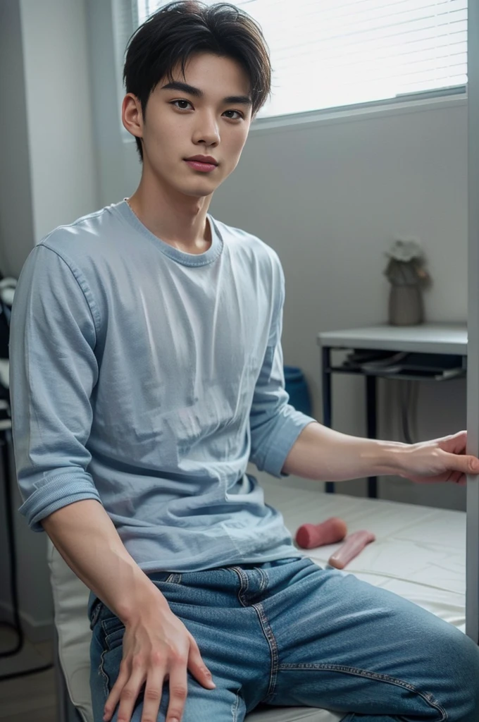 A handsome, muscular young Asian man looks at the camera. In a simple gray polo shirt , By the restaurant, mouth open and smiling