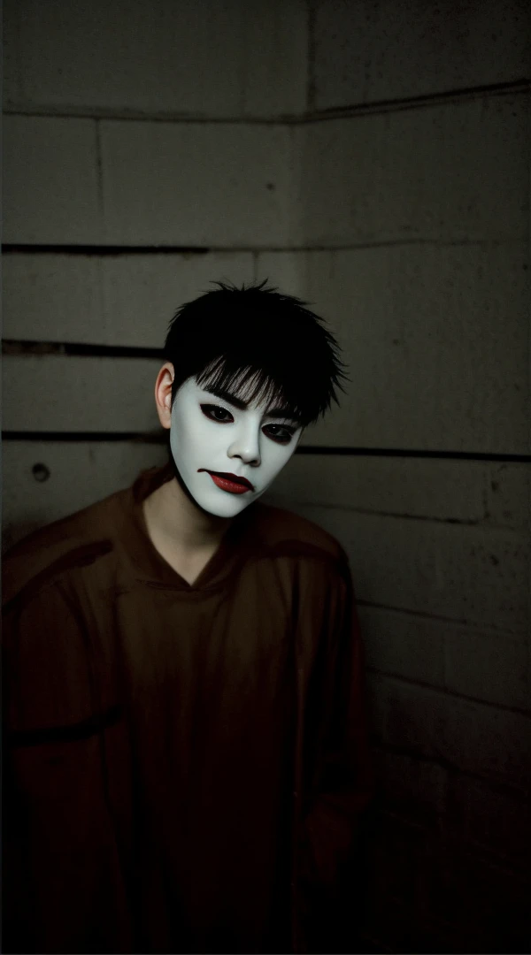 arafed man wearing a mask with a creepy face, twisted god with no face, darkwave goth aesthetic, anonymous mask, anonymous, masked person in corner, in an alleyway during the purge, creepy aesthetic, broken mask, pale white face, dark academia aesthetic, photo of scp-173, bladee from drain gang, scary look, horror aesthetic