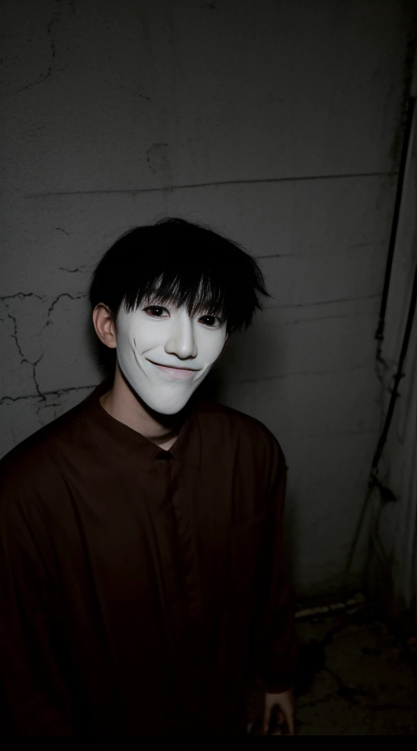arafed man wearing a mask with a creepy face, twisted god with no face, darkwave goth aesthetic, anonymous mask, anonymous, masked person in corner, in an alleyway during the purge, creepy aesthetic, broken mask, pale white face, dark academia aesthetic, photo of scp-173, bladee from drain gang, scary look, horror aesthetic