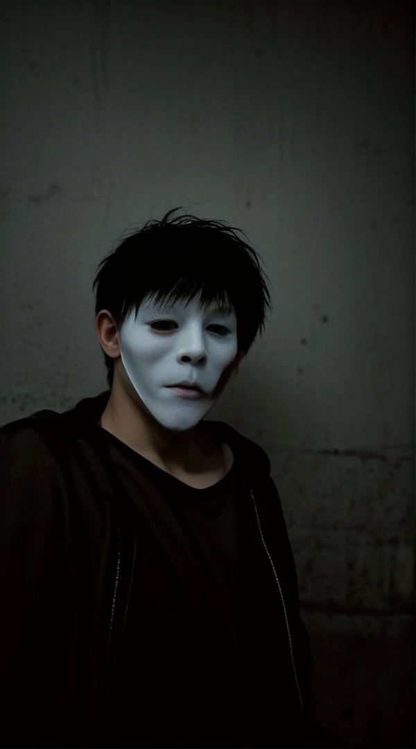 arafed man wearing a mask with a creepy face, twisted god with no face, darkwave goth aesthetic, anonymous mask, anonymous, masked person in corner, in an alleyway during the purge, creepy aesthetic, broken mask, pale white face, dark academia aesthetic, photo of scp-173, bladee from drain gang, scary look, horror aesthetic