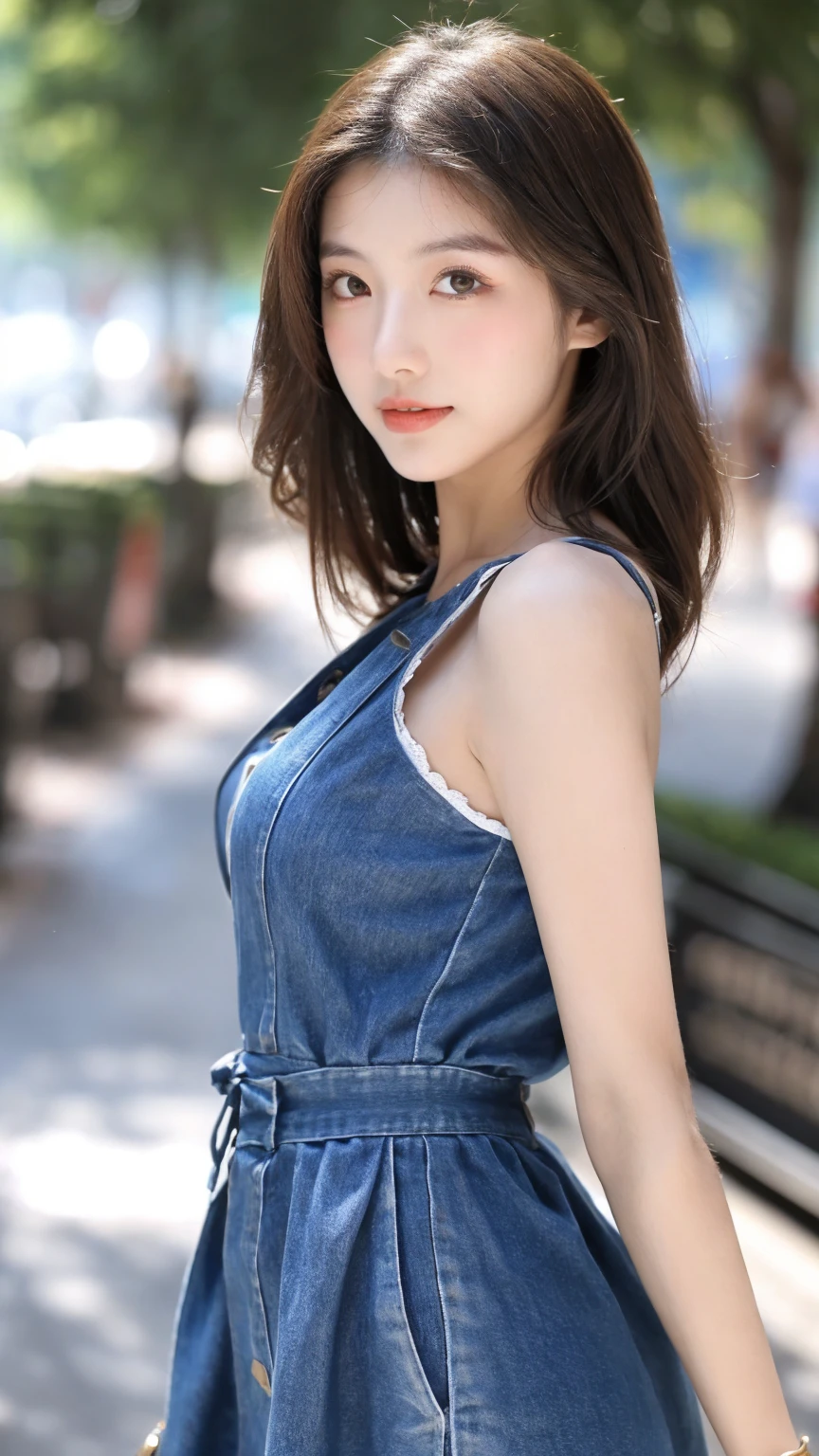 ((Best quality, 8k, masterpiece:1.3))，1girl，18 years old，Asian，Real texture:1.3，(Background blur:1.1)，Dress Up，Tall and slender figure:1.2，(Hot summer weather)，（street:1.3），Highly detailed face and skin textures，Exquisite eyes，Long eyelashes，Double eyelids，Skin Whitening，happy，Various postures，Beautiful breasts