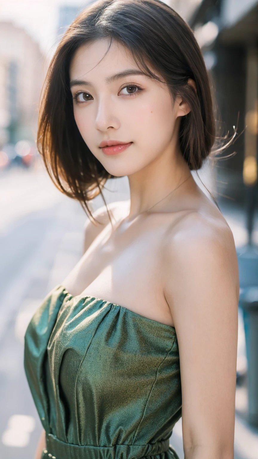 ((Best quality, 8k, masterpiece:1.3)),1girl,18 years old,Asian,Real texture:1.3,(Background blur:1.1),Dress Up,Tall and slender figure:1.2,(Hot summer weather),(street:1.3),Highly detailed face and skin textures,Exquisite eyes,Long eyelashes,Double eyelids,Skin Whitening,happy,Various postures,Beautiful breasts