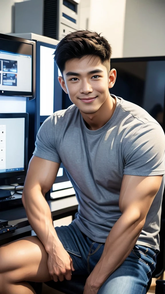 manhandsome สมจริง ธรรมชาติ เหมือนจริง , T-shirt, jeans, black short hair , outdoor , cute smile , หน้าhandsomeแบบเกาหลีสมจริง , muscle , Masterpiece、High resolution、Surreal、detailed face、alone、man、Glowing skin、(Asia)、handsome、(Sitting in the computer room:1.5)