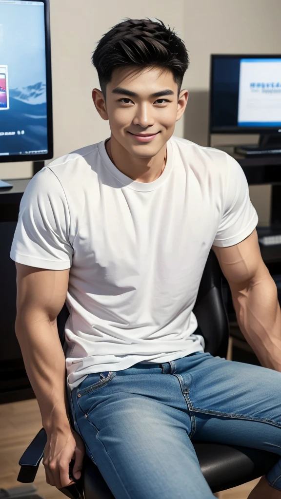manhandsome สมจริง ธรรมชาติ เหมือนจริง , T-shirt, jeans, black short hair , outdoor , cute smile , หน้าhandsomeแบบเกาหลีสมจริง , muscle , Masterpiece、High resolution、Surreal、detailed face、alone、man、Glowing skin、(Asia)、handsome、(Sitting in the computer room:1.5)