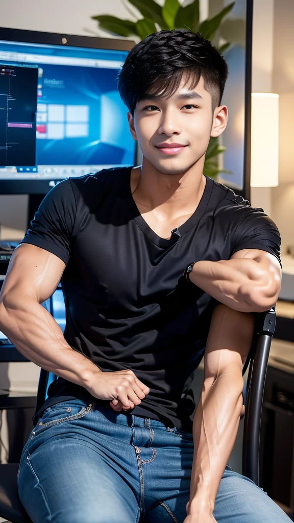 manhandsome สมจริง ธรรมชาติ เหมือนจริง , T-shirt, jeans, black short hair , outdoor , cute smile , หน้าhandsomeแบบเกาหลีสมจริง , muscle , Masterpiece、High resolution、Surreal、detailed face、alone、man、Glowing skin、(Asia)、handsome、(Sitting in the computer room:1.5)