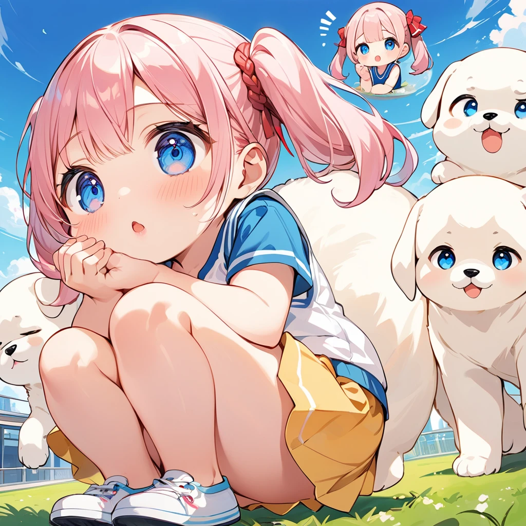 Highest quality、High resolution、Detailed Background、Beautiful face in every detail、Anatomically correct、Detailed facial expressions、fine grain、((full body, from below, side view, looking away:1.2)), ((One Girl))、Chibi Girl、break Cute hair color、Big beautiful blue eyes、Braided twin tails、plump lips、Pink Lips、Slightly open mouth、Elementary school, (Tank top、Vneck、mini skirt、Cute Shoes)、break I'm a little scared、I have a lot of tears in my eyes、An expression that looks like it's about to cry、grassland、((Lying face down、Rest your chin on your hands and bend your knees))、((With a giant white puppy))、Eyes close up、