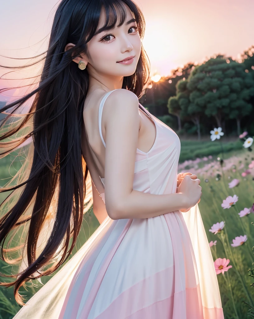(Highest quality), (32K), (High resolution:1.5), (Masterpiece:1.5), marimo_jet, Beautiful face in every detail, god々A photograph with brilliant dazzling and healing power., Evoking a sense of calm and elusive beauty, Expressing emotions, Have a rich imagination, A flower field that stretches to the horizon, Beautiful Japanese Girls, ((Looking back:1.3)), An exceptionally beautiful face, Small Face Beauty, Perfect Human Anatomy, Magical big eyes, Motherhood and generosity, Deep Love, A fleeting smile, Shiny black hair, Beautiful long hair swaying in the wind, Asymmetrical bangs, Hair between the eyes, Transparent, soft white skin, Sharp eyebrows, Thin lashes, Natural Makeup, Cheek highlighter, Pale pink detailed lips, (White dress:1.4), ((Cosmos fields stretching to the horizon:1.3)), ((Pink Sky:1.3)), Beautifully detailed skies, ((Shining in the morning sunlight)), Professional photographer, Professional Lighting, Professional models, god秘的