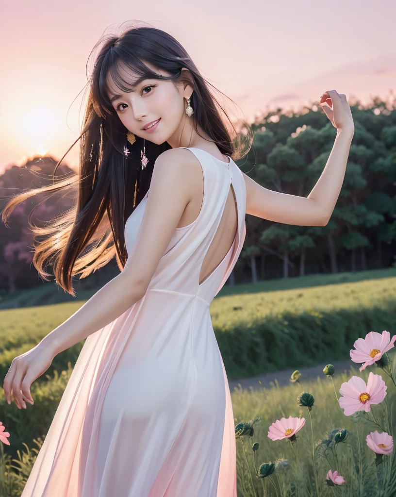 (Highest quality), (32K), (High resolution:1.5), (Masterpiece:1.5), marimo_jet, Beautiful face in every detail, god々A photograph with brilliant dazzling and healing power., Evoking a sense of calm and elusive beauty, Expressing emotions, Have a rich imagination, A flower field that stretches to the horizon, Beautiful Japanese Girls, ((Looking back:1.3)), An exceptionally beautiful face, Small Face Beauty, Perfect Human ???????, Magical big eyes, Motherhood and generosity, Deep Love, A fleeting smile, Shiny black hair, Beautiful long hair swaying in the wind, Asymmetrical bangs, Hair between the eyes, Transparent, soft white skin, Sharp eyebrows, Thin lashes, Natural Makeup, Cheek highlighter, Pale pink detailed lips, (White dress:1.4), ((Cosmos fields stretching to the horizon:1.3)), ((Pink Sky:1.3)), Beautifully detailed skies, ((Shining in the morning sunlight)), Professional photographer, Professional Lighting, Professional models, god秘的