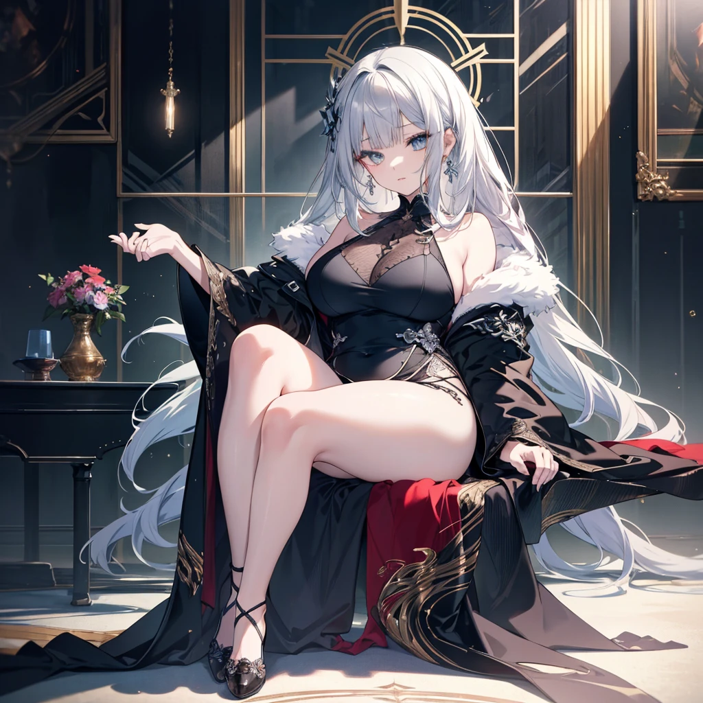 8k,High resolution RAW color art,Anime Art, (((Very detailed and cool))), Detailed skin, Blurry、texture,(Exquisitely crafted, Finer details, Ultra-detailed art), (((1 girl))), Written boundary depth, Silky to the touch, Hyper Detail, (((Cool face))), eye shadow、Silver Marble Skin, Beautiful and sophisticated eyes, Beautiful lip detail, Very delicate face, Delicate depiction of hair and eyes, Delicate fashion, (((Full body description)))、Plump、Voluptuous、floor、Sitting