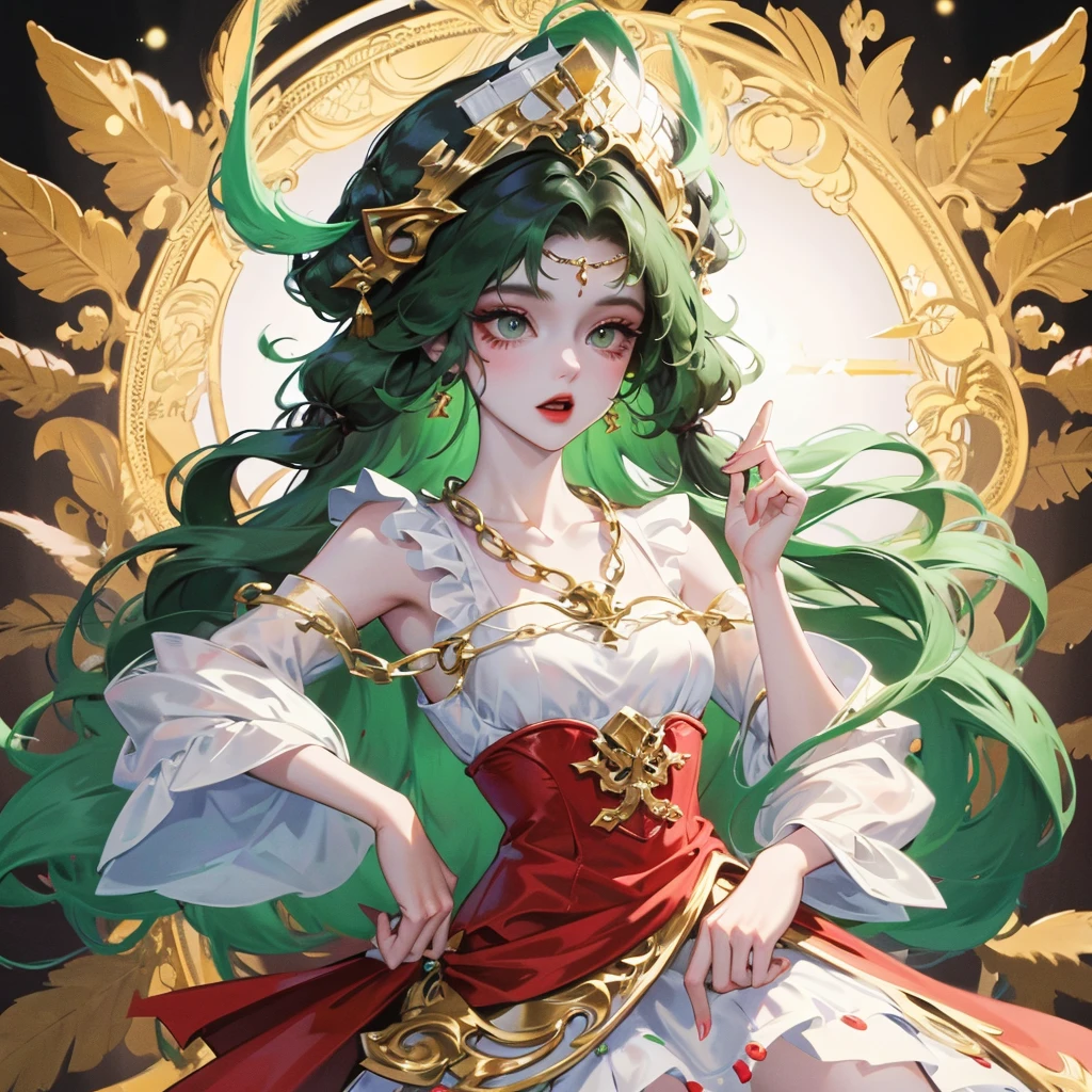A gypsy with green eyes and black hair, White top with gold medal and red skirt with ruffles, Shell necklace.