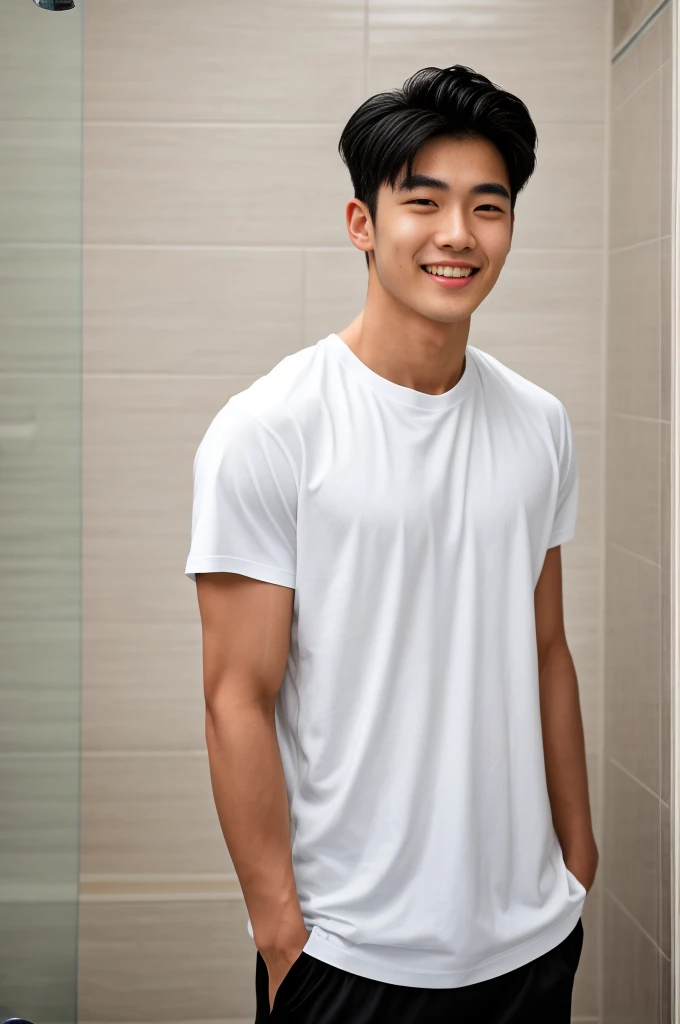 single: 1.5, (ที่TRUEแล้ว, Masterpiece, 8k HD, good light quality, sportswear, to fit the face, complicated details), A handsome Korean man with muscular arms.. , 20 years old, be happy, smile brightly, detailed face, delicate eyes, look at the sky, Wear a tight white t-shirt.:1.6 ., black eyes, Black hair color, ผมsmooth, smooth，SurTRUE，Excellent details，Highest quality，TRUE，Open your mouth to talk.. , Close your eyes.., (standing in the bathroom:1.5)