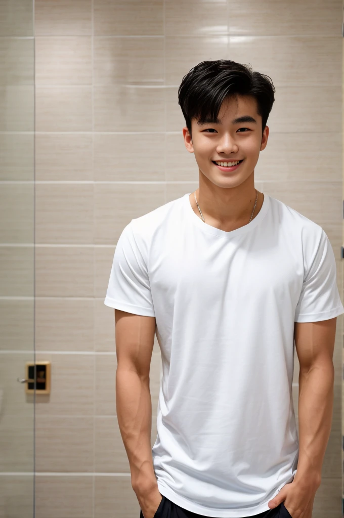 single: 1.5, (ที่TRUEแล้ว, Masterpiece, 8k HD, good light quality, sportswear, to fit the face, complicated details), A handsome Korean man with muscular arms.. , 20 years old, be happy, smile brightly, detailed face, delicate eyes, look at the sky, Wear a  t-shirt.:1.6 ., black eyes, Black hair color, ผมsmooth, smooth，SurTRUE，Excellent details，Highest quality，TRUE，Open your mouth to talk.. , Close your eyes.., (standing in the bathroom:1.5)