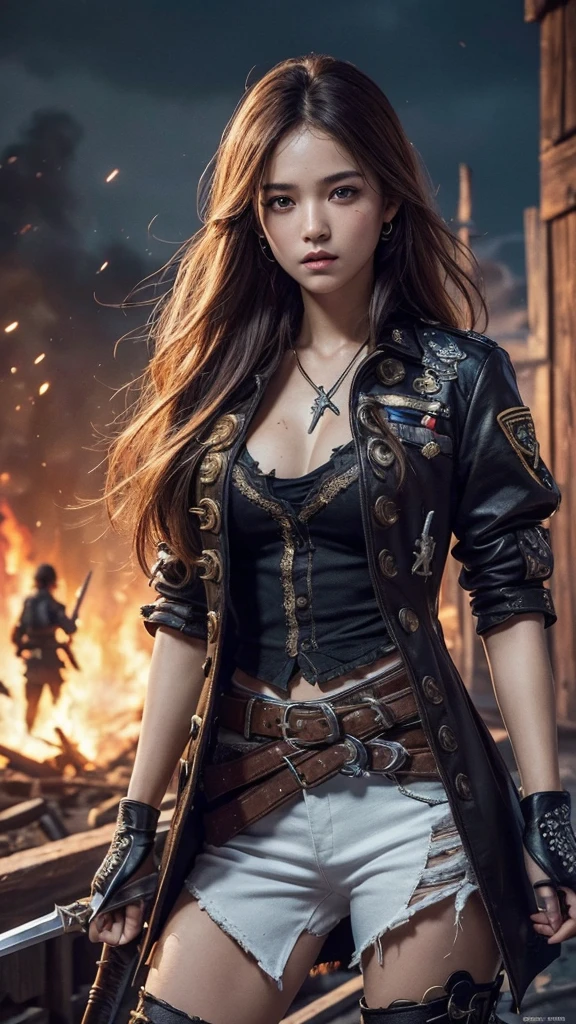 (Ultra quality:1.2), (Ultra detailed:1.2), (Ultra detailed clothes:1.2), (Ultra detailed face:1.2), (Ultra detailed eyes:1.2), (Ultra detailed body:1.2), (Ultra detailed weapons:1.2), young pirate girls, torn clothes, different hair colors, sword fights, battlefield in the background, fire in the background, night, full image