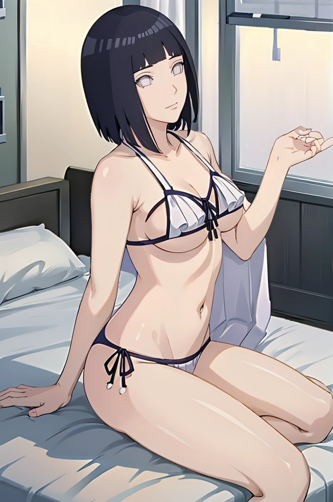 Masterpiece,Hinata,sirting on the bed,leg white open,looking at viewer,leg wide open,hands behind her back,bikini,big 