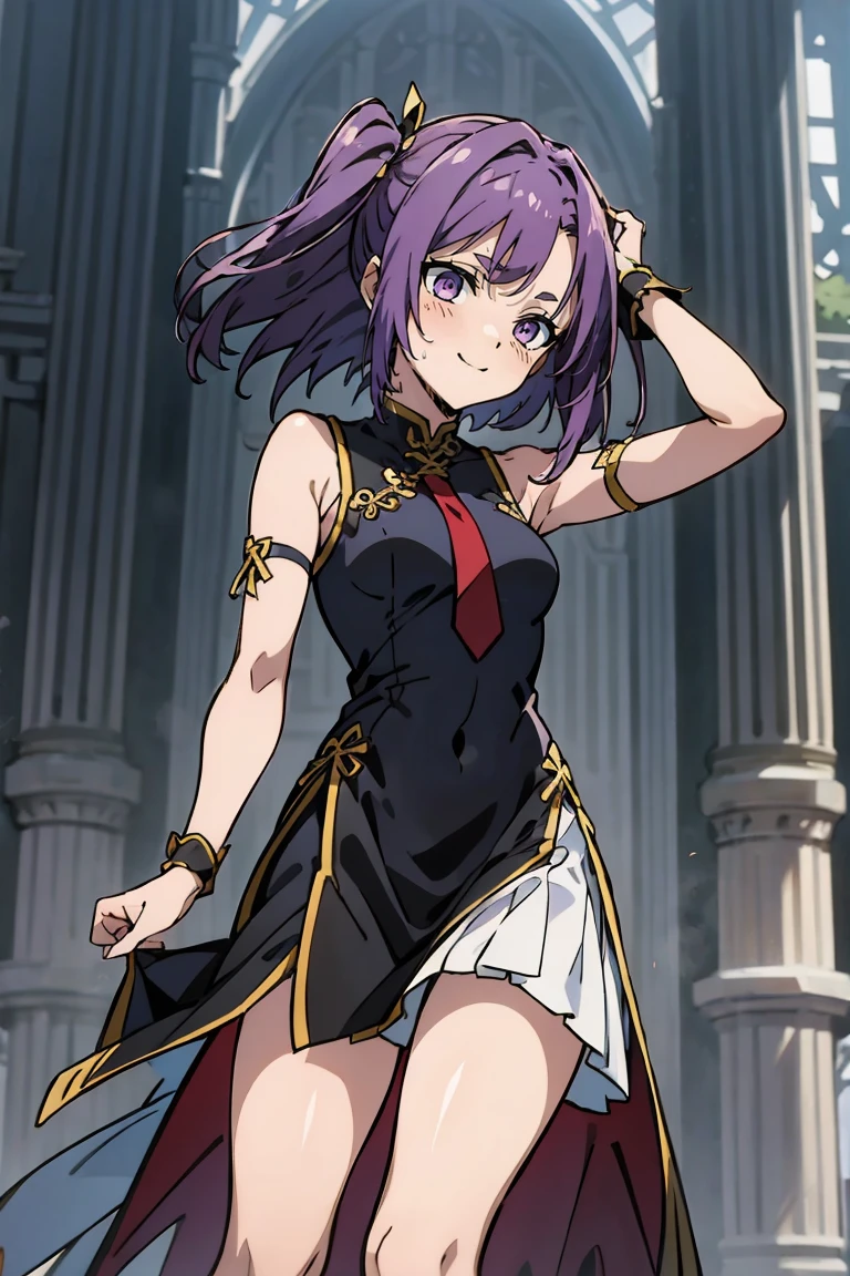 (masterpiece:1.2), (high quality:1.2), reo mikage, blue lock, girls with((1girl, solo, purple hair, (medium hair, right swept bangs, one side up:1.55), bare shoulder, blush, breasts, choker, cleavage, cowboy shot, collar, collarbone, rosary, cross, white clothes, blouse, white dress, sleeveless, collared shirt, necktie, (black sleeves, arm wears, elbow armwarmers, black cheongsam:1.2), cinderella dress, long dress, frilled panniers, (open dress:1.34), leggings, boots, sandals, bare legs)), background with((fantasy world, ruin, castle, beautiful sky, shining sky, sunshine:1.35))