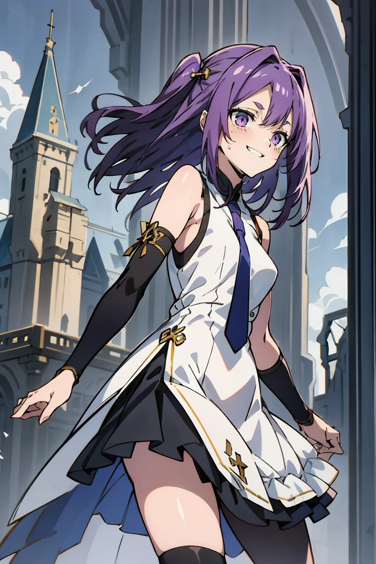 (masterpiece:1.2), (high quality:1.2), reo mikage, blue lock, girls with((1girl, solo, purple hair, (medium hair, right swept bangs, one side up:1.55), bare shoulder, blush, breasts, choker, cleavage, cowboy shot, collar, collarbone, rosary, cross, white clothes, blouse, white dress, sleeveless, collared shirt, necktie, (black sleeves, arm wears, elbow armwarmers, black cheongsam:1.2), cinderella dress, long dress, frilled panniers, (open dress:1.34), leggings, boots, sandals, bare legs)), background with((fantasy world, ruin, castle, beautiful sky, shining sky, sunshine:1.35))