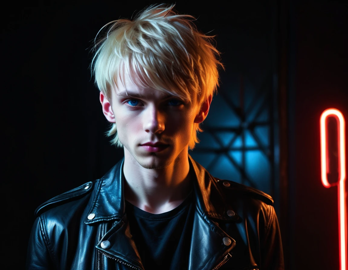 Hyper realistic, dark vibes, solo, young man, facing camera, 21 years, pale skin, model (skinny:1.2), blue eyes, (short shaggy textured blond hair:1.2), side swept fringe, black leather jacket, holding sharp knife, dark lighting, background (night BDSM club:1.2), foreboding, sexy, attractive, demon, incubus, evil, dark, sadistic expression (smirk:1.1), (red neon sign that says "CONTEXT":1.1)