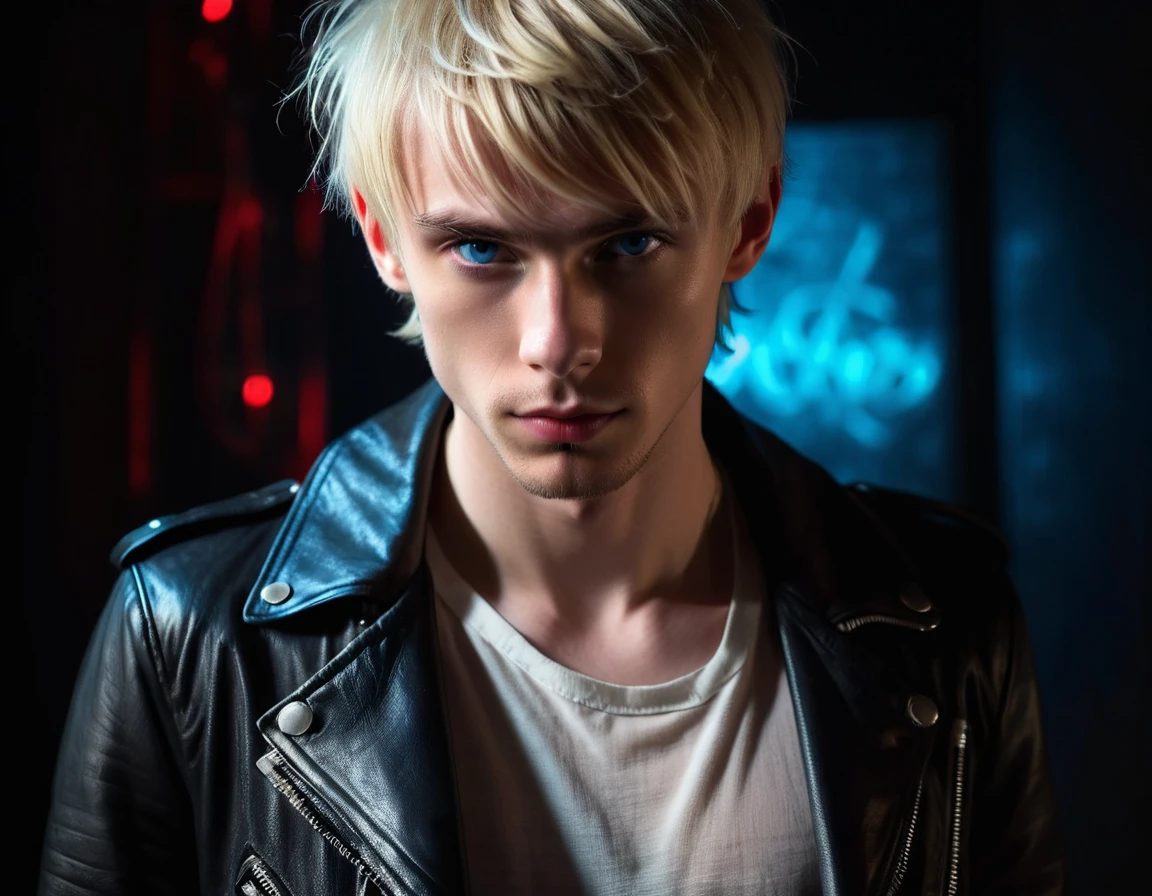 Hyper realistic, dark vibes, solo, young man, facing camera, 21 years, pale skin, model (skinny:1.2), blue eyes, (short shaggy textured blond hair:1.2), side swept fringe, black leather jacket, holding sharp knife, dark lighting, background (night BDSM club:1.2), foreboding, sexy, attractive, demon, incubus, evil, dark, sadistic expression (smirk:1.1), (red neon sign that says "CONTEXT":1.1)