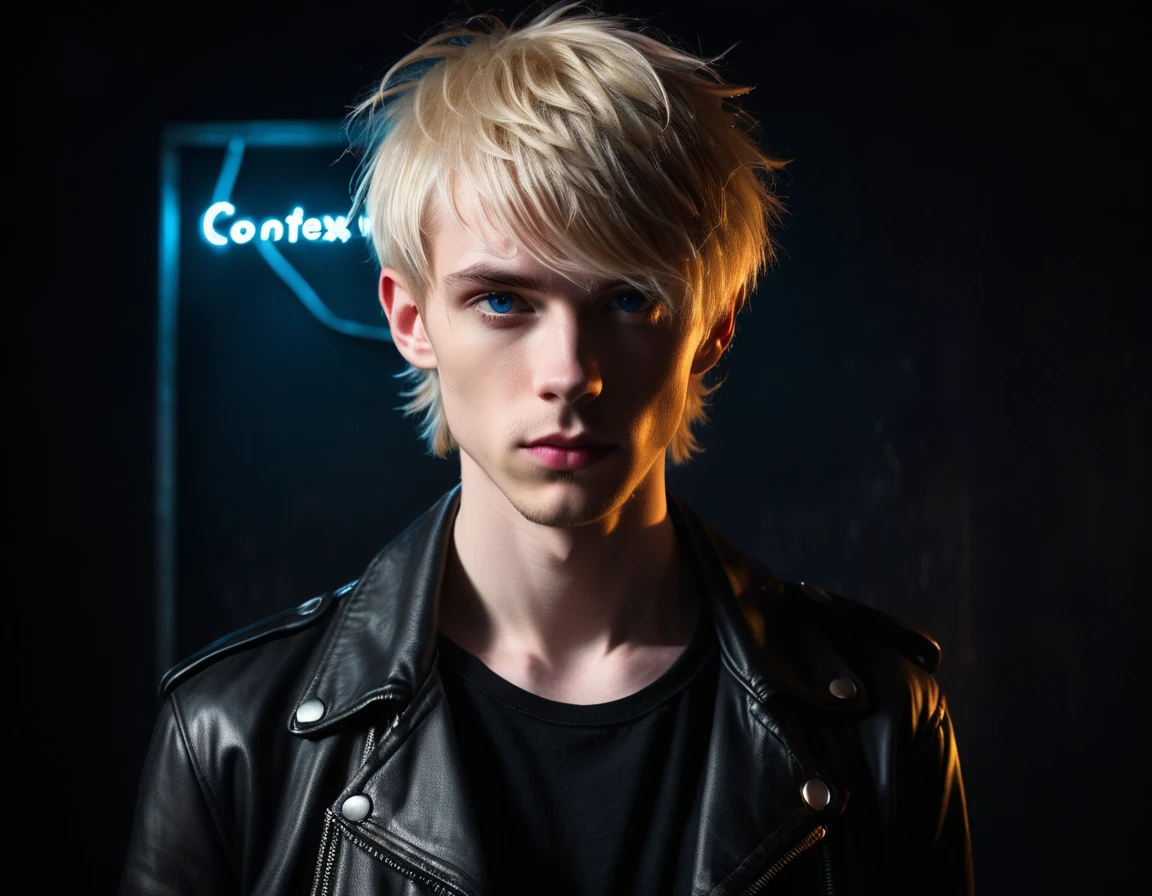 Hyper realistic, dark vibes, solo, young man, facing camera, 21 years, pale skin, model (skinny:1.2), blue eyes, (short shaggy textured blond hair:1.2), side swept fringe, black leather jacket, holding sharp knife, dark lighting, background (night BDSM club:1.2), foreboding, sexy, attractive, demon, incubus, evil, dark, sadistic expression (smirk:1.1), (red neon sign that says "CONTEXT":1.1)