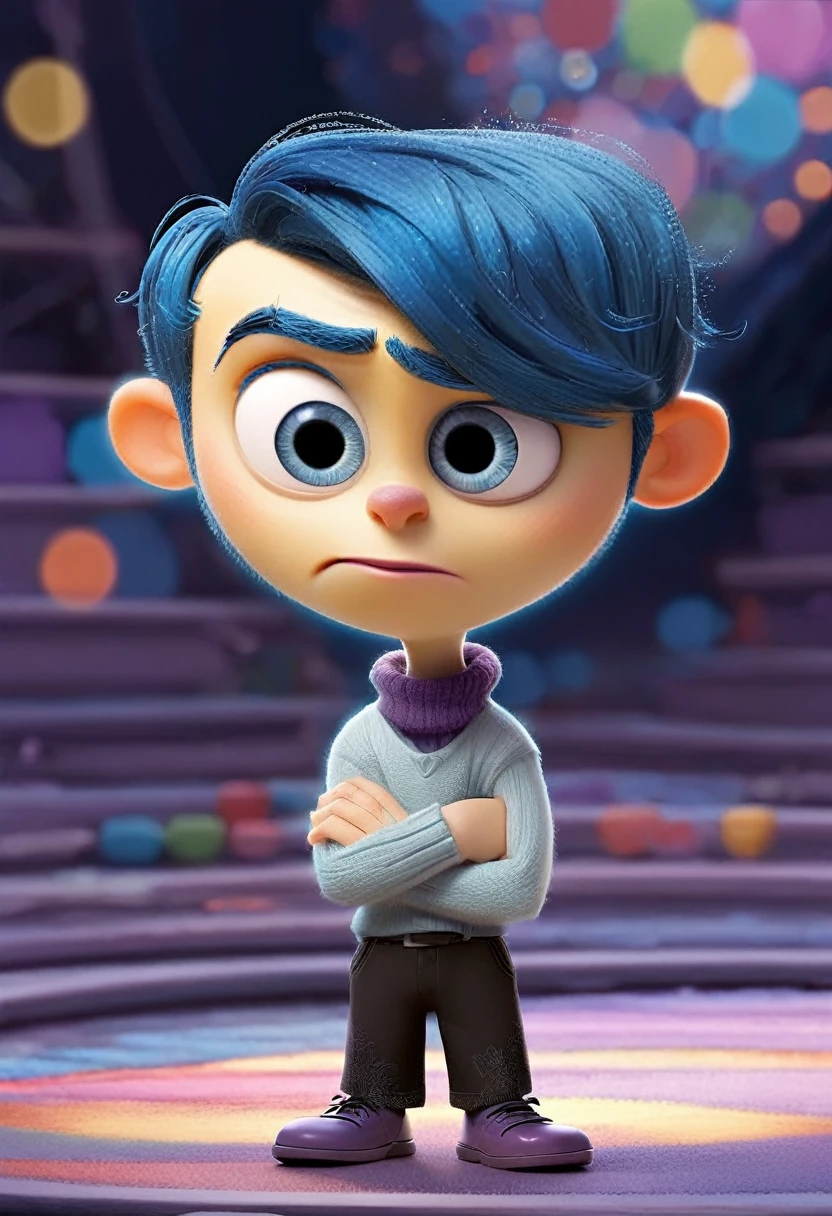 Create an animated male character named Mirabolado, inspired by Disney's 'Inside Out.' He should have vibrant light orange skin and blue hair like Joy's. His shape should be rounded and dynamic, with large, expressive eyes and a friendly, inspiring smile. He should emit a soft light to symbolize creativity and have a whimsical, non-human appearance. Use casual clothing and include whimsical elements like floating stars and sparkles to enhance his creative nature.