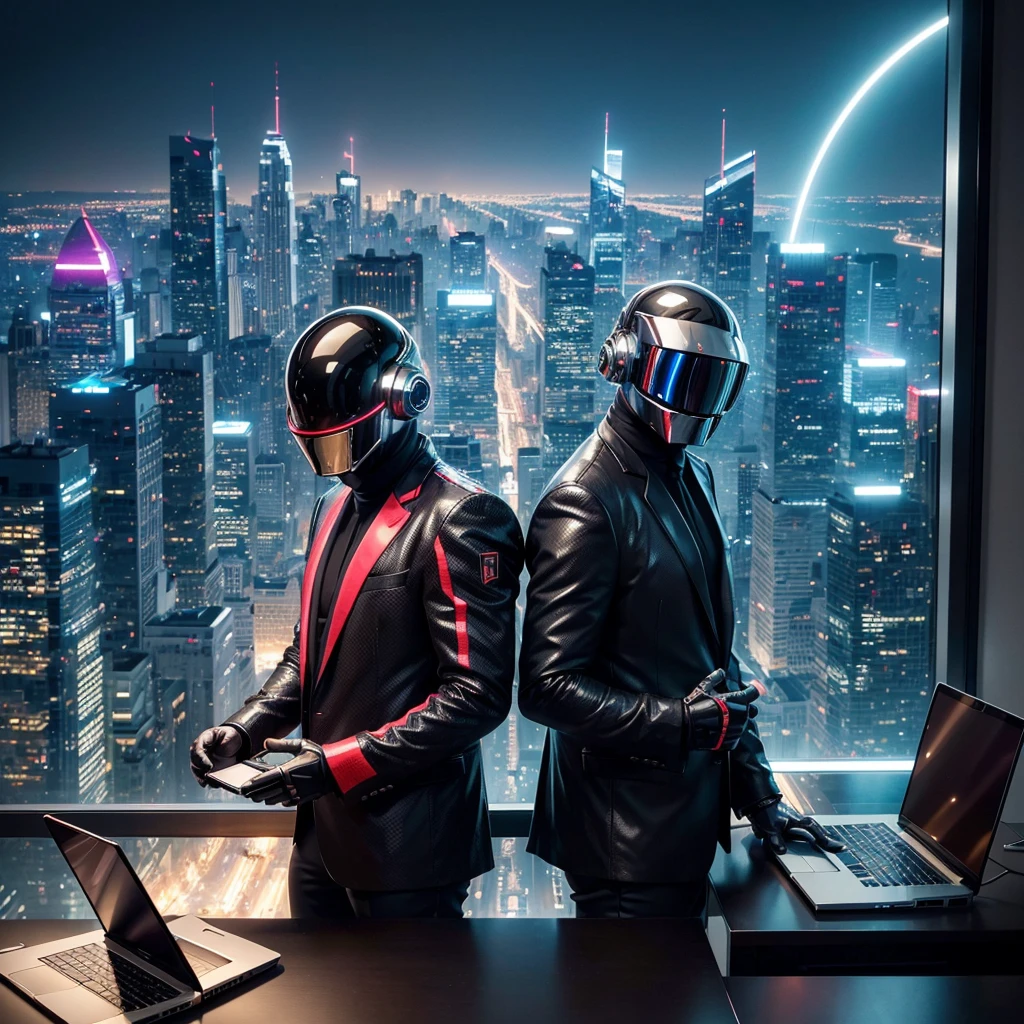 realistic,detailed,hyper detailed,photorealistic,8k,highly detailed,intricate,sharp focus,ultra-detailed,masterpiece,cinematic lighting,dramatic lighting,volumetric lighting,chiaroscuro lighting,beautiful lighting,warm lighting,soft lighting,dramatic atmosphere,cinematic atmosphere,detailed environment,detailed background,panoramic view,rooftop scene,cityscape,futuristic city,daft punk-esque,two businessmen using smartphones,one using laptop,high angle view,dynamic composition,vibrant colors,neon colors,cool color palette, only fan modèle, instagram, mym, only fan, twitter