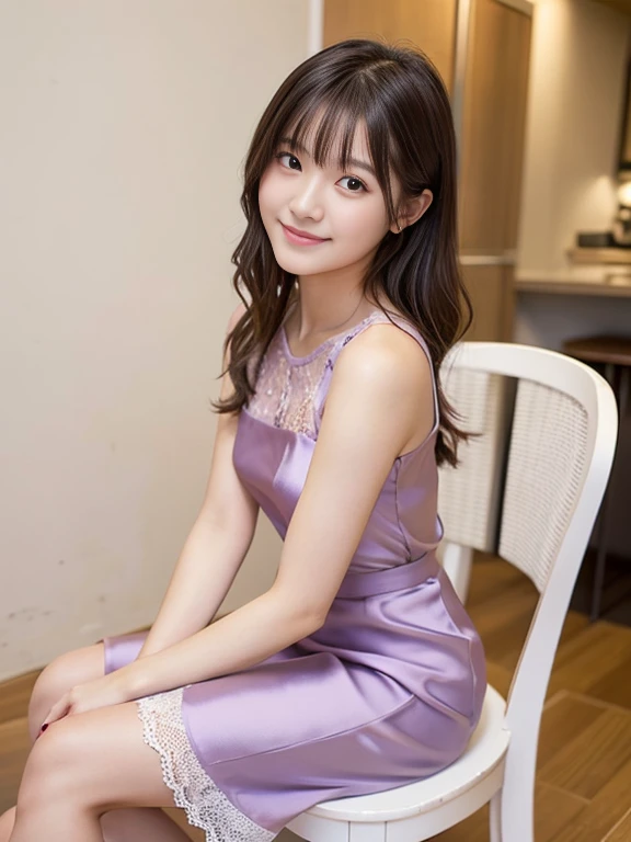 Photo-realistic quality、20-year-old Japanese idol sitting on a white chair wearing a pale gray-purple lace mini dress, Full body photo、Overall view、Sheer silk mini dress, From toe to head、Cute and elegant pose, Japanese female fashion model, A stunningly elegant pose, A young Japanese woman wearing a gorgeous pale gray-purple mini dress, Sexy Dress, Graceful smile pose, elegant charming pose, Photo of slim girl model, looking at the camera、Detailed and beautiful eyes、Cute smile、Relaxed and gentle expression、Small hands、Beautiful legs extending from the skirt
