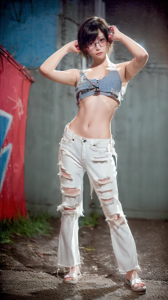 raw photo, 8k, (top-quality), Realistic, (real picture, Intricate details), (natural skin texture, detailed skin, hyper realism, sharpness), (Japanese age girl standing in a dirty back alley at night, graffitied wall:1.3, hand on head, armpits exposed), ((white tight tank top, Distressed denim pants, low rise baggy pants)), (((flat chest:1.5))) , (pale skin), ((shorthair, short bangs)), (glasses, seductive face, Parted lips:1.3), thigh, graffiti:1.5, trash can, night time, spot lighting:1.3, Full body shot
