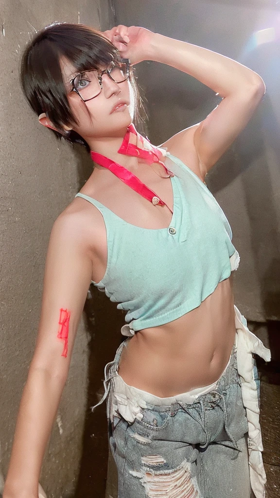 raw photo, 8k, (top-quality), Realistic, (real picture, Intricate details), (natural skin texture, detailed skin, hyper realism, sharpness), (Japanese teenage girl standing in a dirty back alley at night, graffitied wall:1.3, hand on head, armpits exposed), ((white tight tank top, Distressed denim pants, low rise baggy pants)), (((flat chest:1.5))) , (pale skin), ((shorthair, short bangs)), (glasses, seductive face, Parted lips:1.3), thigh, graffiti:1.5, trash can, night time, spot lighting:1.3, Full body shot