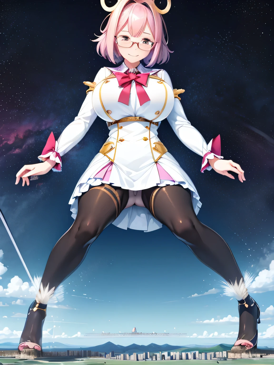 multiple girls, giantess art, highly detailed giantess shots, giantess, most detailed, perfect face, Two legs, Five fingers, short hair, A beautiful girl who is bigger than a skyscraper, Wearing rimless glasses, smile, huge breasts, magical girl dress, bow, magical girl, holding a magical wand, black pantyhose, stiletto heels, thunderbolt from a magical wand, seaside metropolis, numerous miniature warships on the sea, Destroying cities, Under heavy attack, A very small big city, Miniature metropolis, Full body description, GTS, giga giantess, stomping city, crash city, tiny city, micro city, pantyhose feet, High resolution, highest quality, masterpiece,