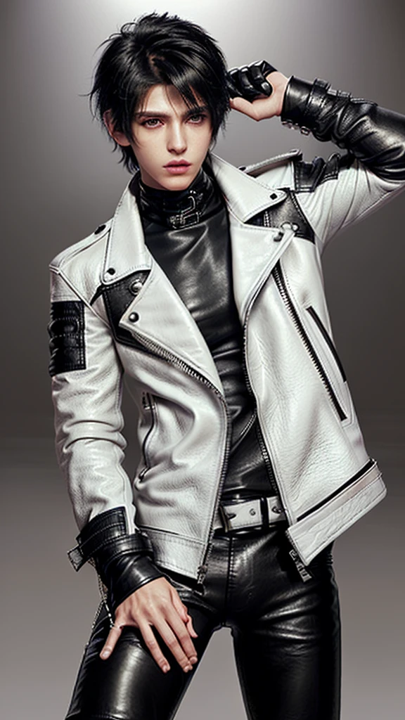 Final fantasy taste and reality graphics, ((Japanese young cute and cool ikemen boy)), his age is early 20s, thin eyebrows and beady eyes, ((he wearing off white color leather thick and heavy material jacket)), ((jacket is singlebrest)), ((biker style jacket)), ((jacket is large size)),((with epaulet)), ((jacket is long sleeve)), ((zipped front of the leather jacket)), , ((voluminous leather jacket)), ,((must jacket is high length and stand-up collar)) ((jacket collar with two belts)), ((jacket is a little black color line pattern)), ((also wearing black thick material turtleneck lackluster shirts)), ((tight black leather pants)), ((put black leather tight and thin glove on both hands)), ((black leather knee-high raceup boots)),((must views head-to-toe)),((must views whole body)), ,((Do not show skin from the neck down)),leather jacket leather glove and leather pants have few wrinkles, Avoid showing your innerwear,zip up jacket fastner.must put on a leather glove.
Boy is black hair.boy looks like fashion model.