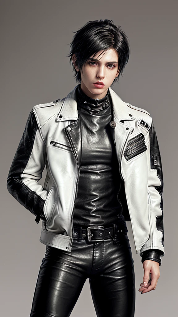 Final fantasy taste and reality graphics, ((Japanese young cute and cool ikemen boy)), his age is early 20s, thin eyebrows and beady eyes, ((he wearing off white color leather thick and heavy material jacket)), ((jacket is singlebrest)), ((biker style jacket)), ((jacket is large size)),((with epaulet)), ((jacket is long sleeve)), ((zipped front of the leather jacket)), , ((voluminous leather jacket)), ,((must jacket is high length and stand-up collar)) ((jacket collar with two belts)), ((jacket is a little black color line pattern)), ((also wearing black thick material turtleneck lackluster shirts)), ((tight black leather pants)), ((put black leather tight and thin glove on both hands)), ((black leather knee-high raceup boots)),((must views head-to-toe)),((must views whole body)), ,((Do not show skin from the neck down)),leather jacket leather glove and leather pants have few wrinkles, Avoid showing your innerwear,zip up jacket fastner.must put on a leather glove.
Boy is black hair.boy looks like fashion model.