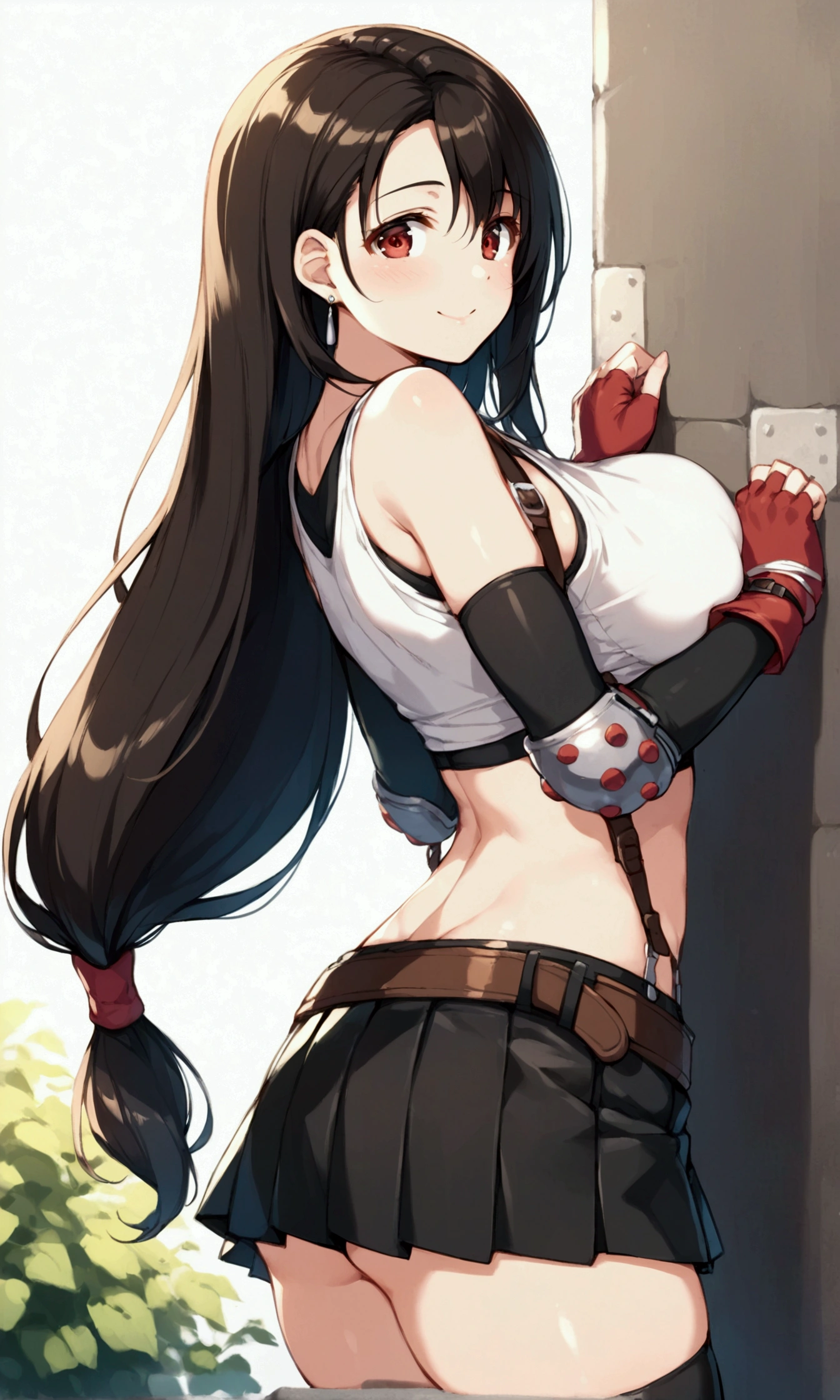 (score_9
score_8_up
score_7_up
score_6_up
score_5_up
score_4_up
source_anime),,BREAK , ,straight-on,,breast view, breast press,,standing,leaning on wall.. upperbody,,Solo ,1girl, tifa lockhart, final fantasy, tareme,black hair, low-tied long hair, red eyes, bangs, (white tank top, belt, pleated skirt, thighhighs, elbow fingerless gloves, elbow pads, midriff, navel,suspender skirt) ,(large_breast),(light smile),sunsetscene,outdoor,(ultra detailed),(best quality),(aesthetic,very aesthetic),UHD,extremely detailed CG unity 8k wallpaper,depth of field,((illustration,tegaki)),,detailed face and eyes and body,Shiny bare skin,