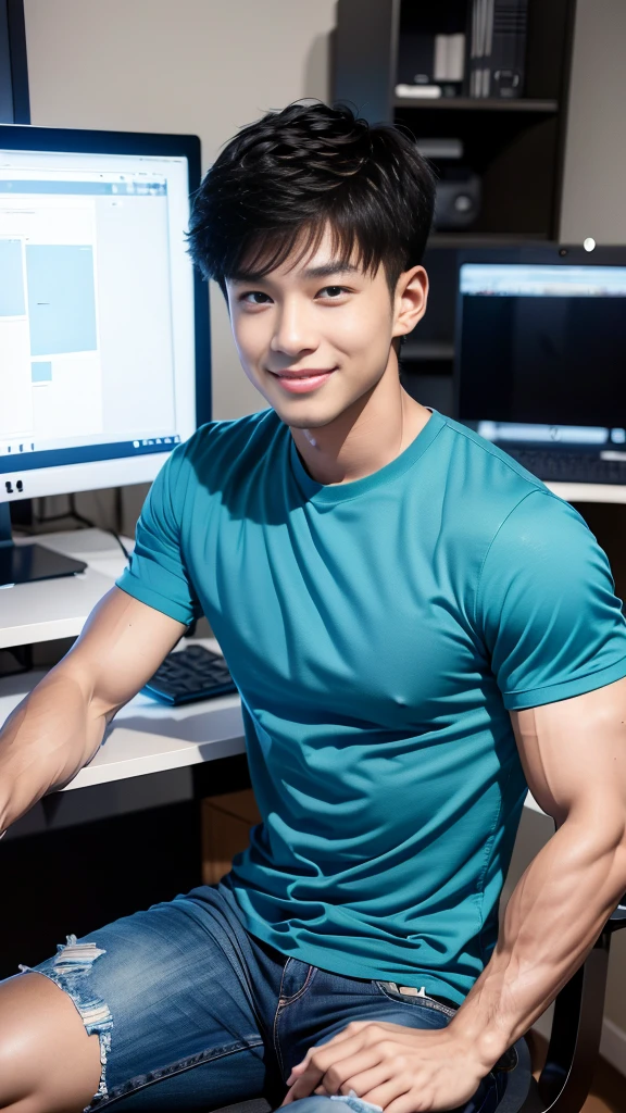 manhandsome สมจริง ธรรมชาติ เหมือนจริง , T-shirt, jeans, black short hair , outdoor , cute smile , หน้าhandsomeแบบเกาหลีสมจริง , muscle , Masterpiece、High resolution、Surreal、detailed face、alone、man、Glowing skin、(Asia)、handsome、(Sitting in the computer room:1.5)