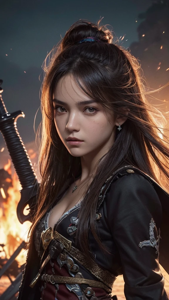 (Ultra quality:1.2), (Ultra detailed:1.2), (Ultra detailed clothes:1.2), (Ultra detailed face:1.2), (Ultra detailed eyes:1.2), (Ultra detailed body:1.2), (Ultra detailed weapons:1.2), young pirate girls, torn clothes, different hair colors, sword fights, battlefield in the background, fire in the background, night, full image