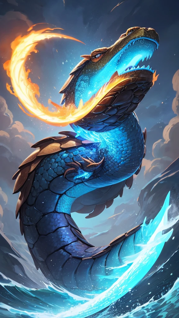 Dragon,mysterious、Huge, Heavy Tortoise Shell,Chinese Leaders,snake long tail,Soaring Waves、Blue aura, Breathing fire through the mouth、Chinese style,OC Rendering,Ultra-fine,high quality,8K high resolution,Super detailed