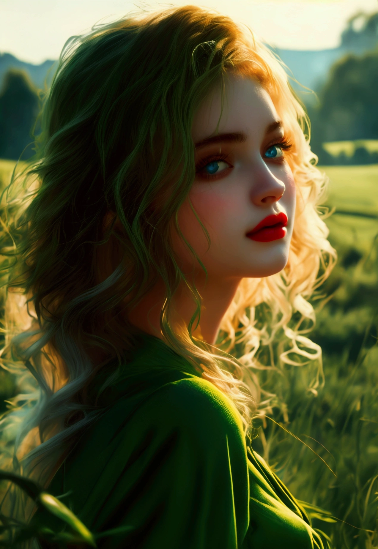 (((ultra realistic))) Photo, masterpiece, top quality, (pale skin), (Ultra detailed face and eyes:1.3), 1 girl, Adult, Retro style, beautiful female model, glamorous body, plump body, long haired person, Wavy Hair, blonde, smooth skin, blue eyes, enchanting smile, dark makeup, red lips, (cheerfull:1.2), (longing girl in green field:1.1), tender gaze, sad but beautiful expression, (((natural landscape))), photorealistic, highly detailed, dramatic lighting, vibrant colors, serene, emotional, (wide camera shot)