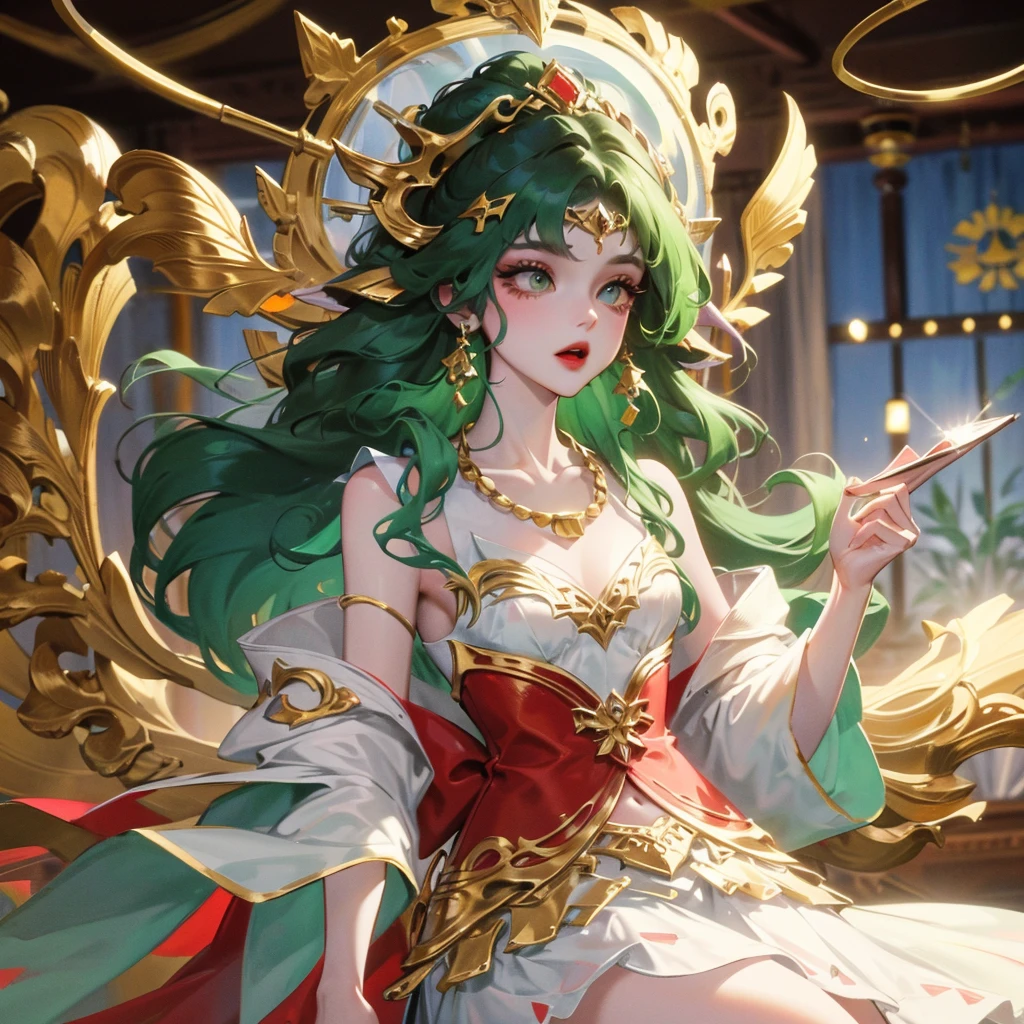 A gypsy with green eyes and black hair, White top with gold medal and red skirt with ruffles, Shell necklace.