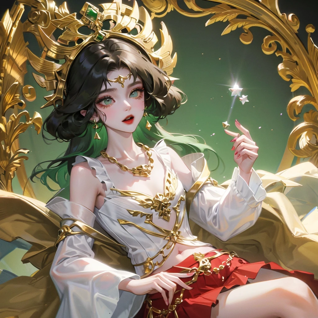 A gypsy with green eyes and black hair, White top with gold medal and red skirt with ruffles, Shell necklace.